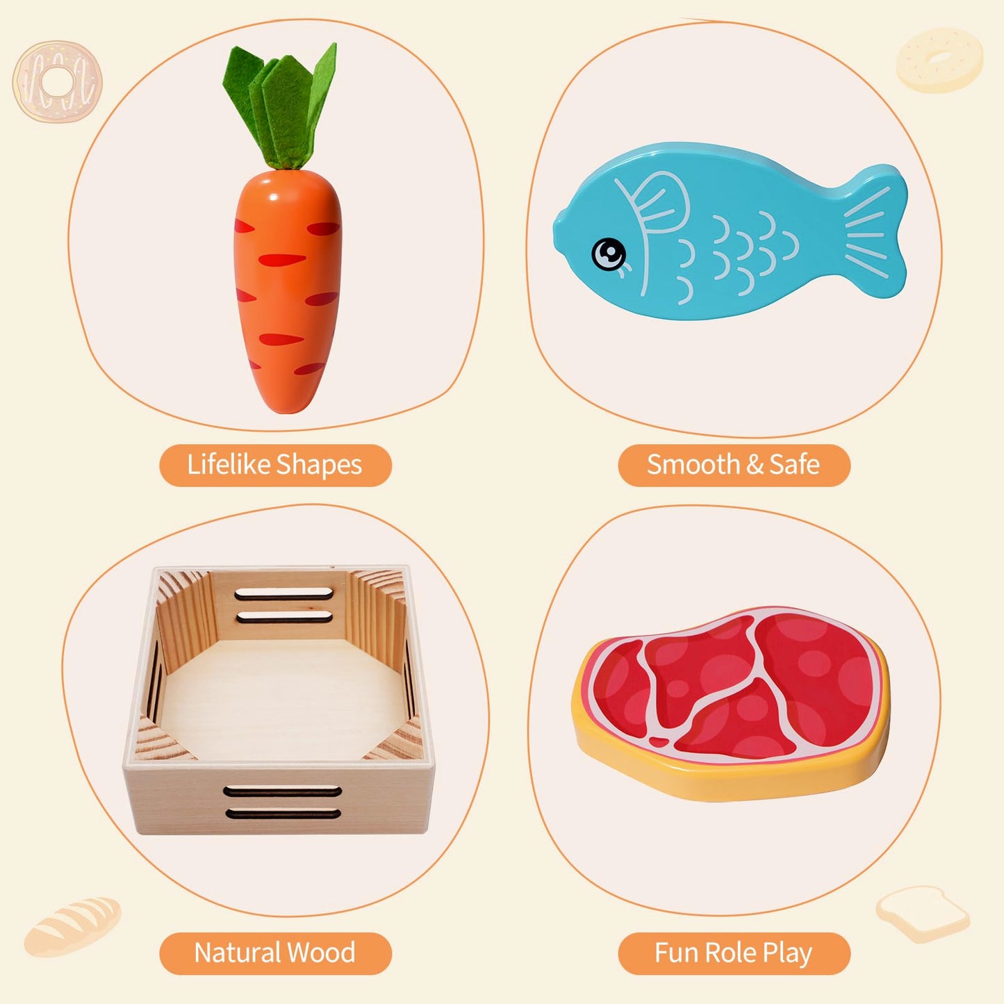 Inslat Food Groups: 20 Wooden Play Foods, 4 Crates & 4 Mini Blackboards – Pretend Kitchen Toys for Kids 3+