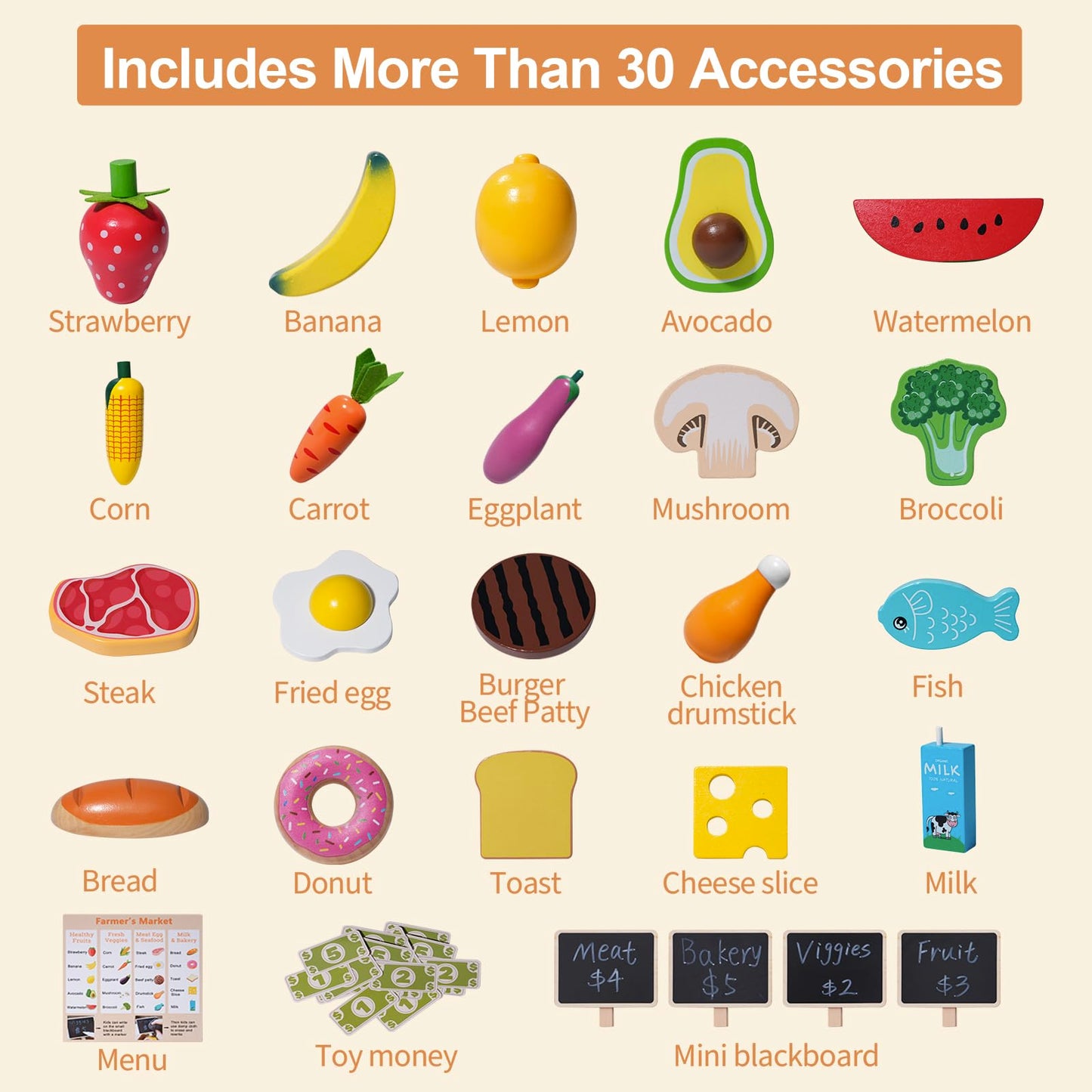 Inslat Food Groups: 20 Wooden Play Foods, 4 Crates & 4 Mini Blackboards – Pretend Kitchen Toys for Kids 3+