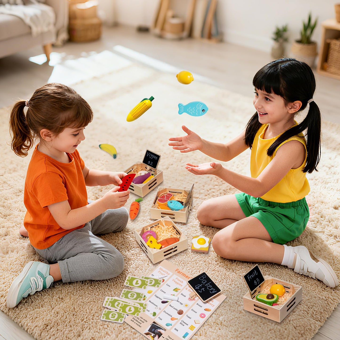 Inslat Food Groups: 20 Wooden Play Foods, 4 Crates & 4 Mini Blackboards – Pretend Kitchen Toys for Kids 3+
