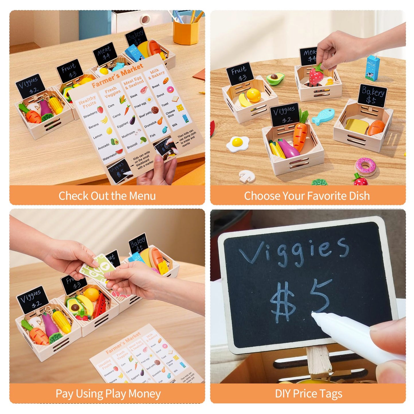 Inslat Food Groups: 20 Wooden Play Foods, 4 Crates & 4 Mini Blackboards – Pretend Kitchen Toys for Kids 3+
