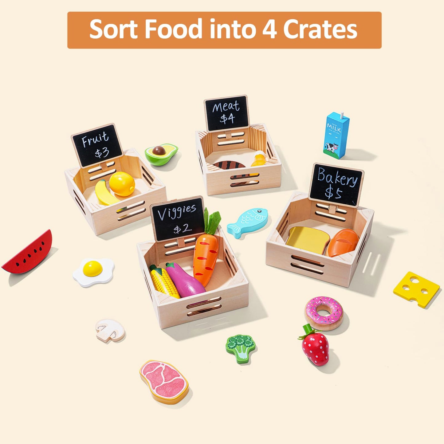 Inslat Food Groups: 20 Wooden Play Foods, 4 Crates & 4 Mini Blackboards – Pretend Kitchen Toys for Kids 3+