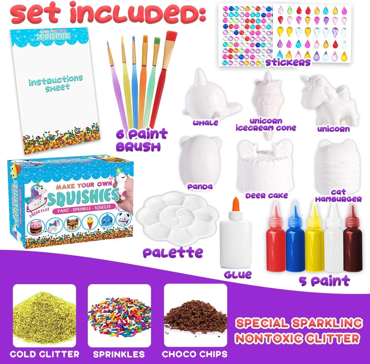 Insnug Sensory Dessert Squishies – Jumbo DIY Squishies for Kids 4-10 (Unicorn, Ice Cream, Donut) + Painting Kit