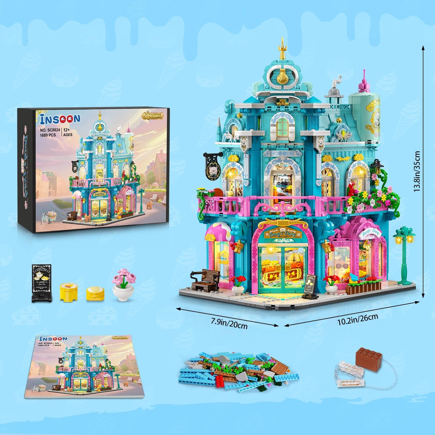 INSOON Castle Dairy Bakery Store Building Set with Light – 1,689 PCS City Dairy House Model Kit