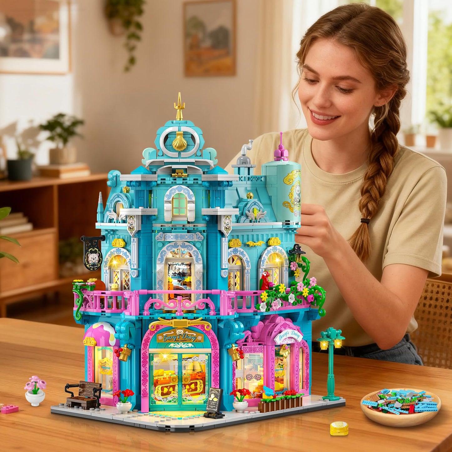 INSOON Castle Dairy Bakery Store Building Set with Light – 1,689 PCS City Dairy House Model Kit