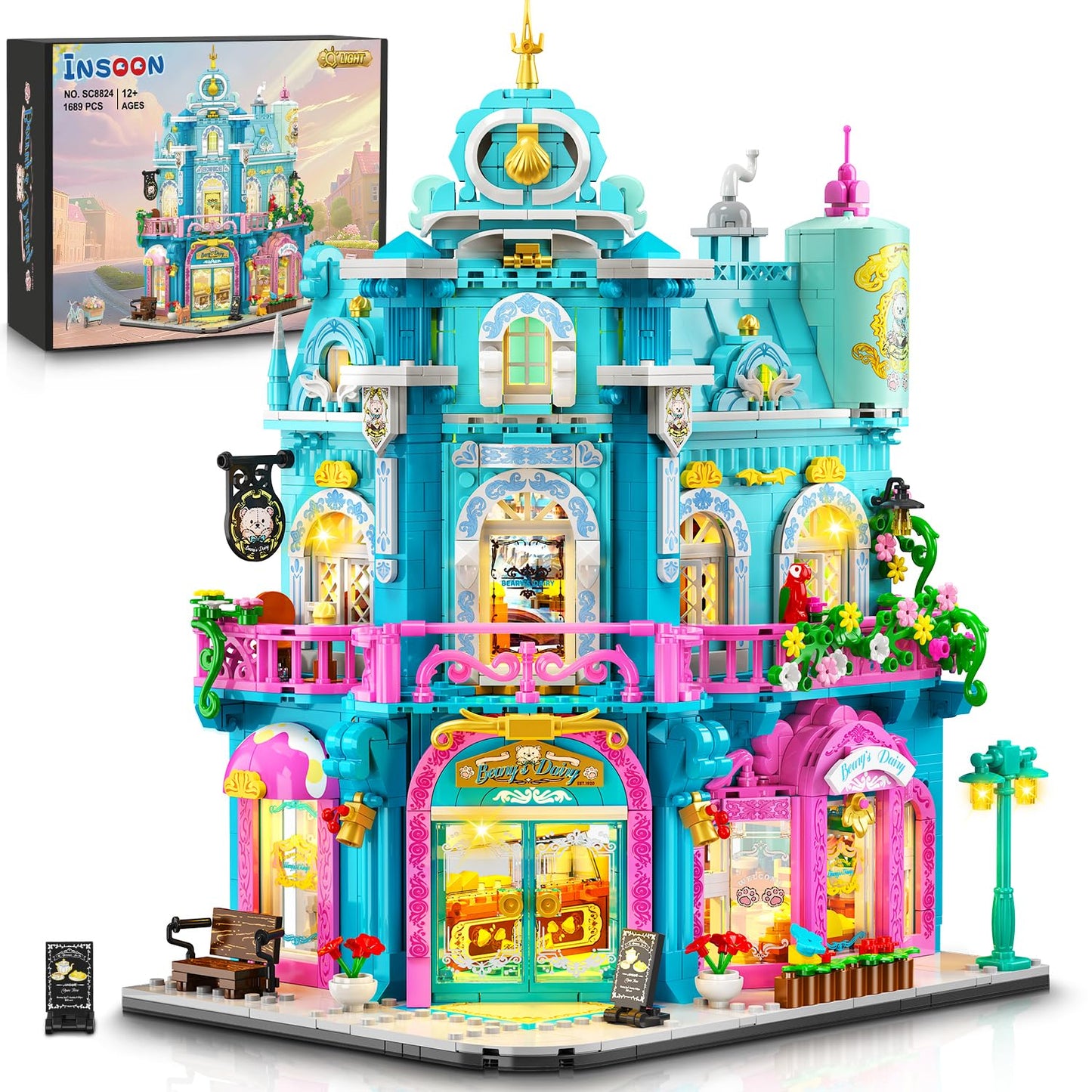 INSOON Castle Dairy Bakery Store Building Set with Light – 1,689 PCS City Dairy House Model Kit