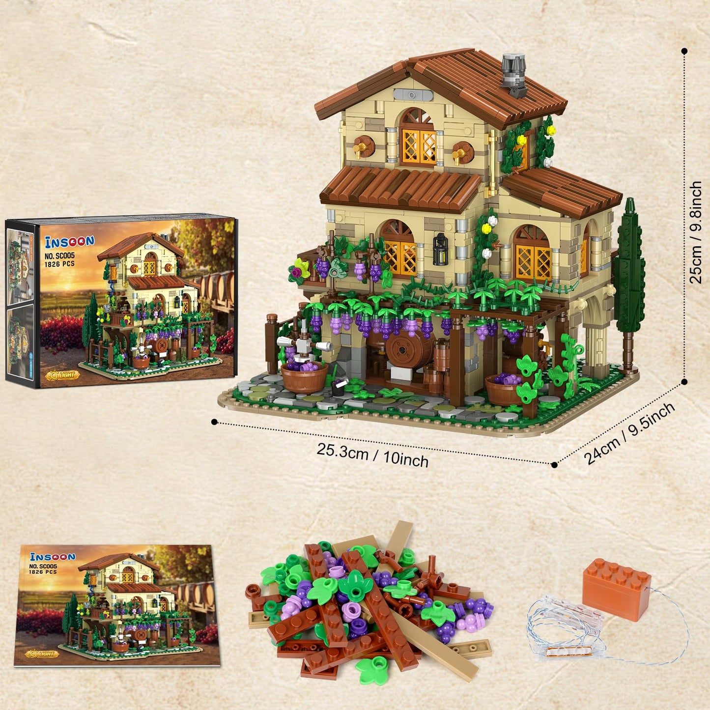 INSOON Winery Chateau House Building Kit with Lights – 1826 Pieces