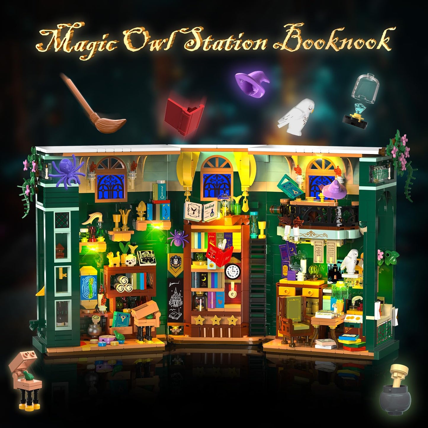 INSOON Magic Owl Station Booknook Building Set with Lights – 1239 PCS DIY Bookend Shelf Decor