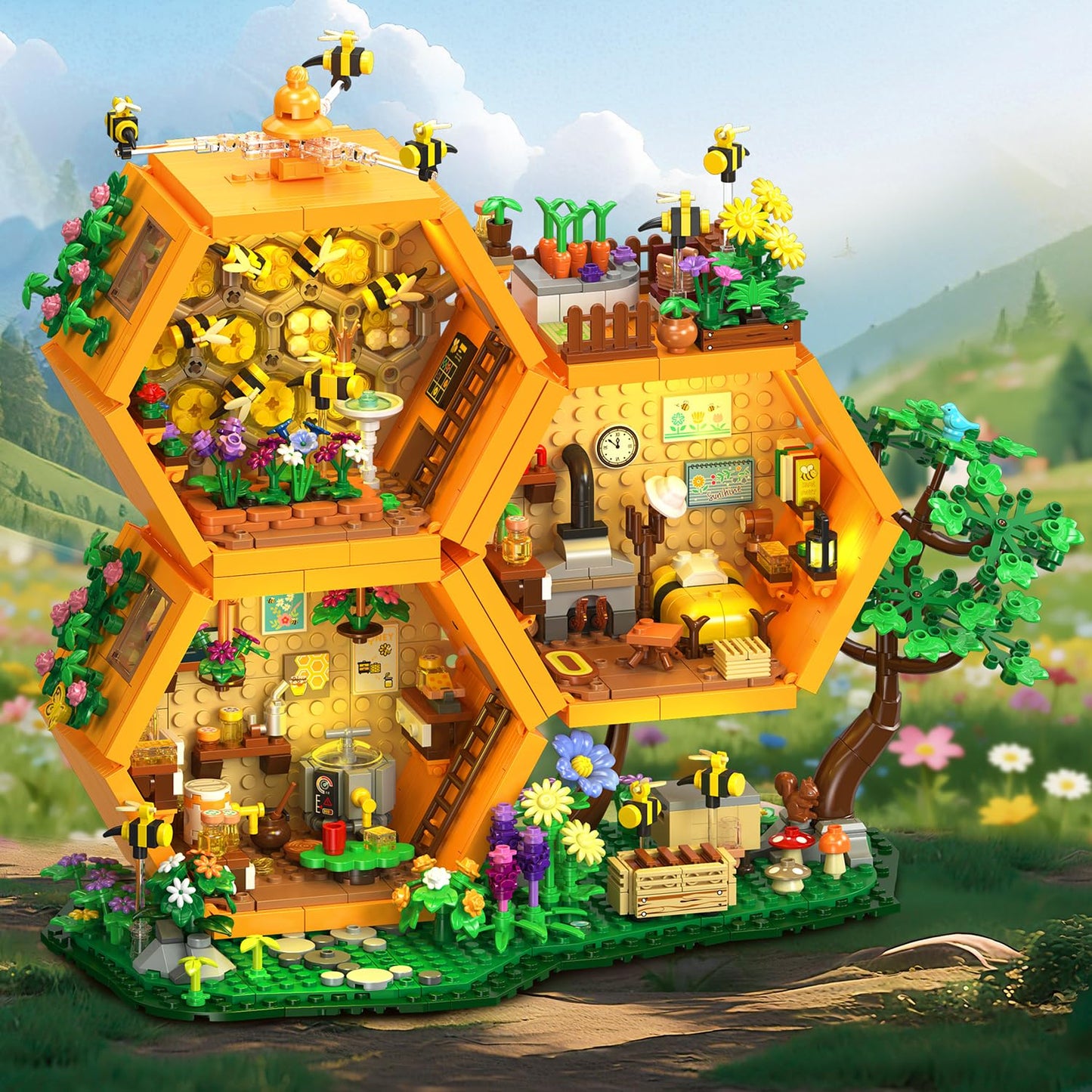 INSOON Farm Bee House Building Set with Lights – 1704-Piece Beehive Model