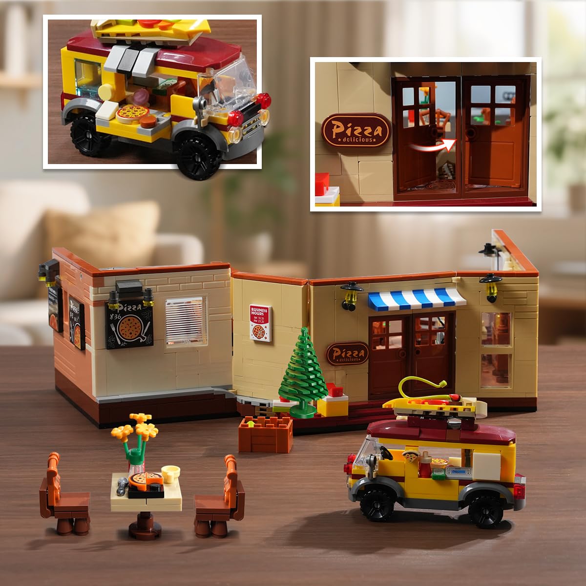 INSOON City Street Pizza Restaurant Building Set with Light - 1098 PCS
