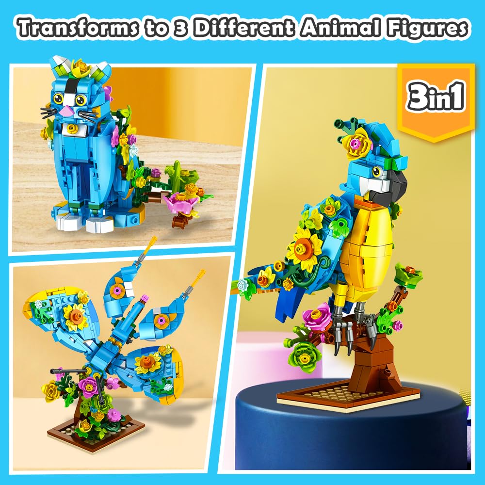 INSOON 3 in 1 Flower Animal Building Set — Parrot, Butterfly & Kitten (412 pcs)