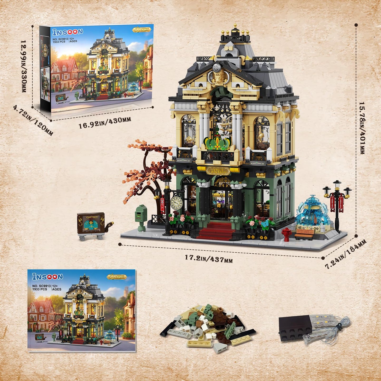 INSOON City Jewelry Store Building Set with Lights & Cart Fountain — 1,933-Piece Modular Street House