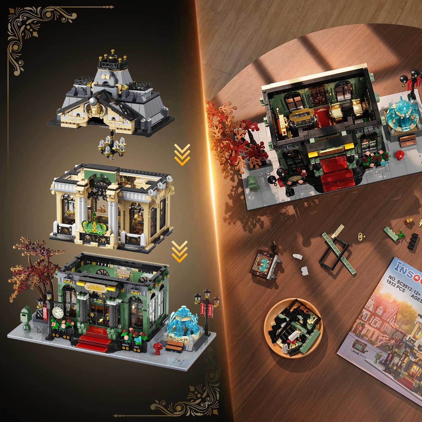 INSOON City Jewelry Store Building Set with Lights & Cart Fountain — 1,933-Piece Modular Street House