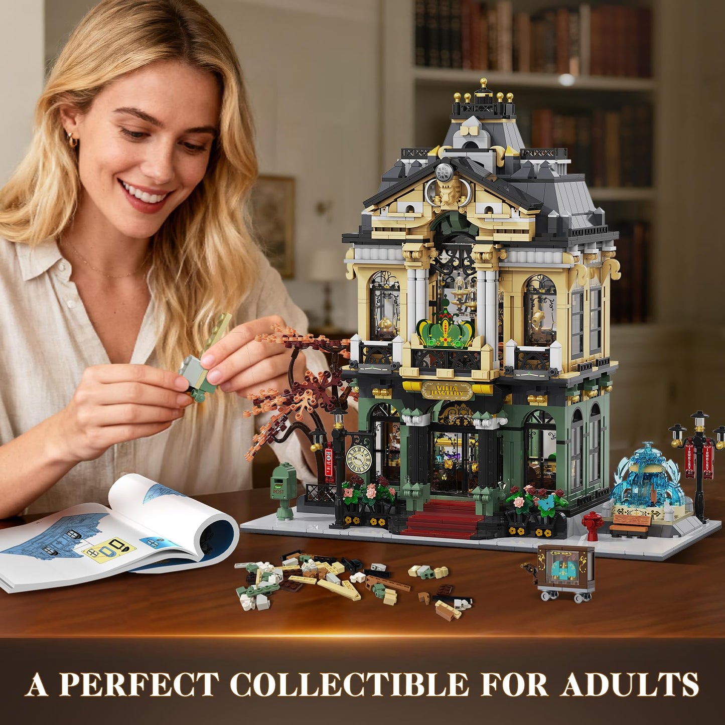 INSOON City Jewelry Store Building Set with Lights & Cart Fountain — 1,933-Piece Modular Street House