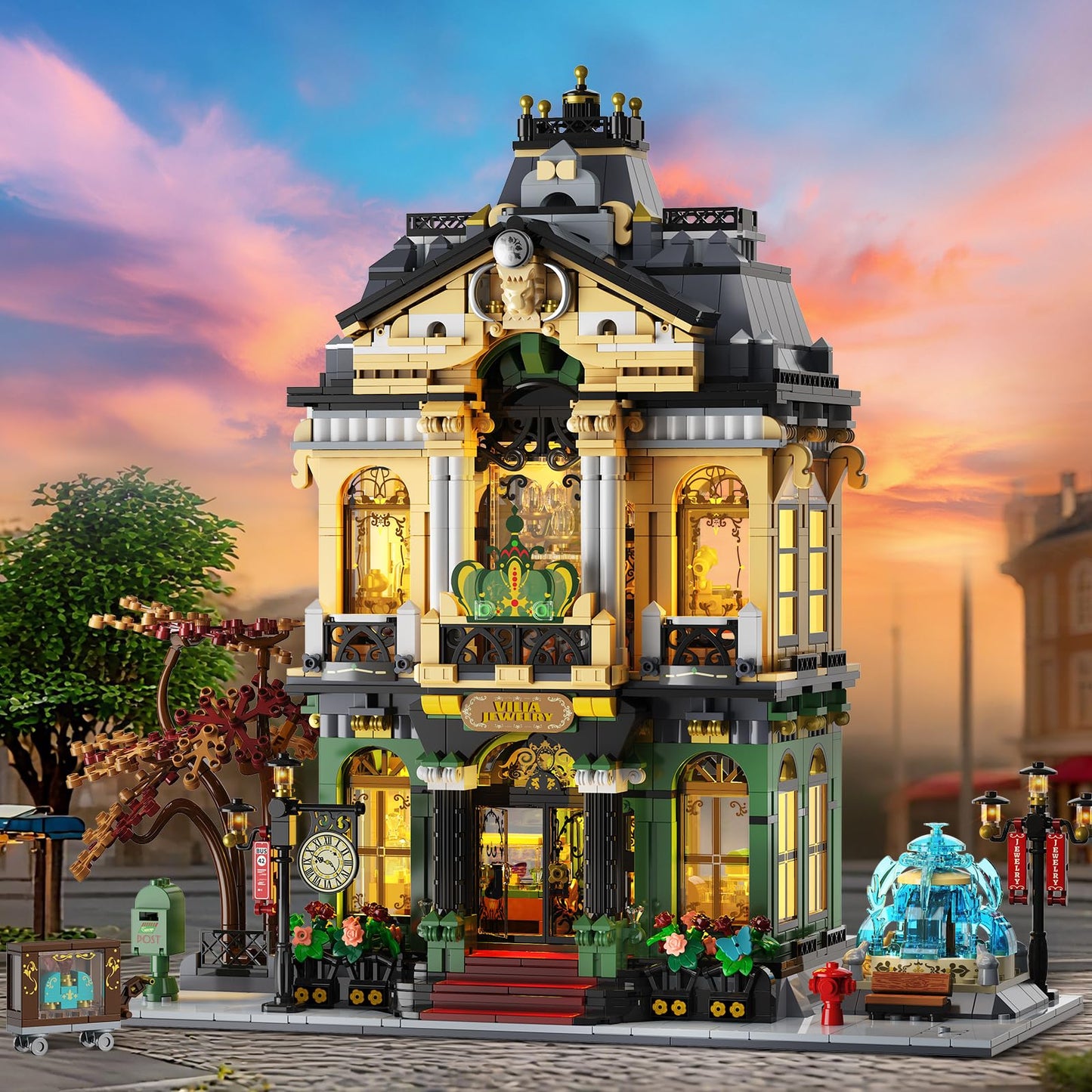 INSOON City Jewelry Store Building Set with Lights & Cart Fountain — 1,933-Piece Modular Street House
