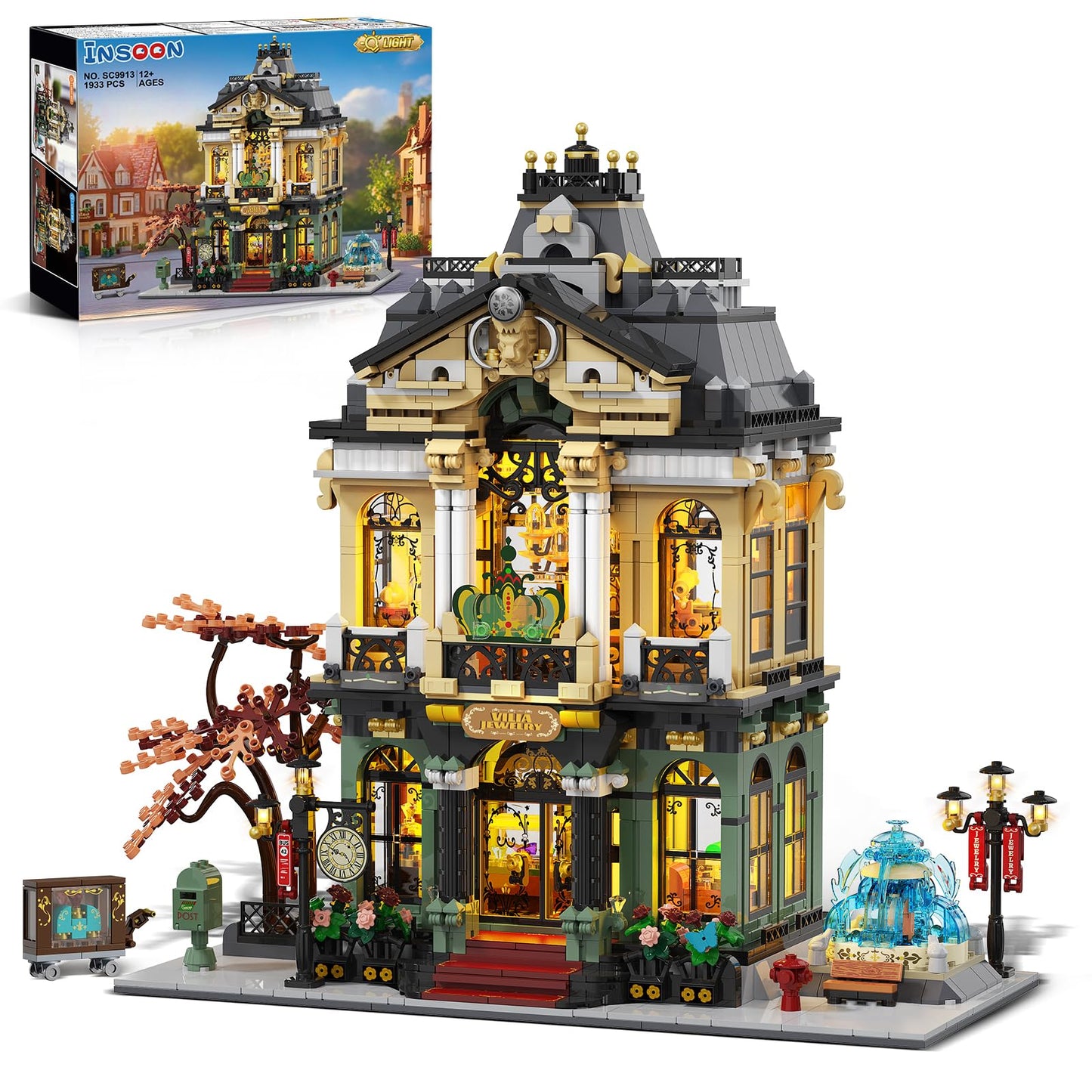 INSOON City Jewelry Store Building Set with Lights & Cart Fountain — 1,933-Piece Modular Street House