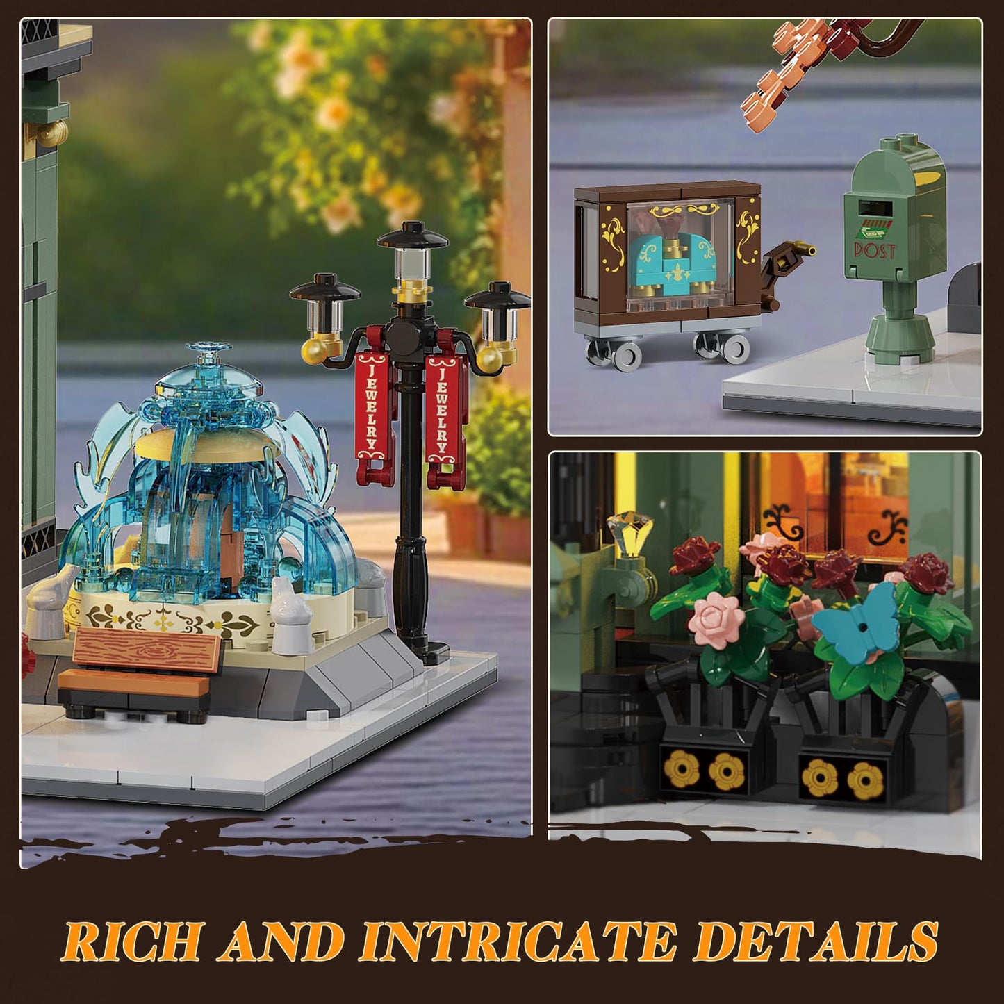 INSOON City Jewelry Store Building Set with Lights & Cart Fountain — 1,933-Piece Modular Street House