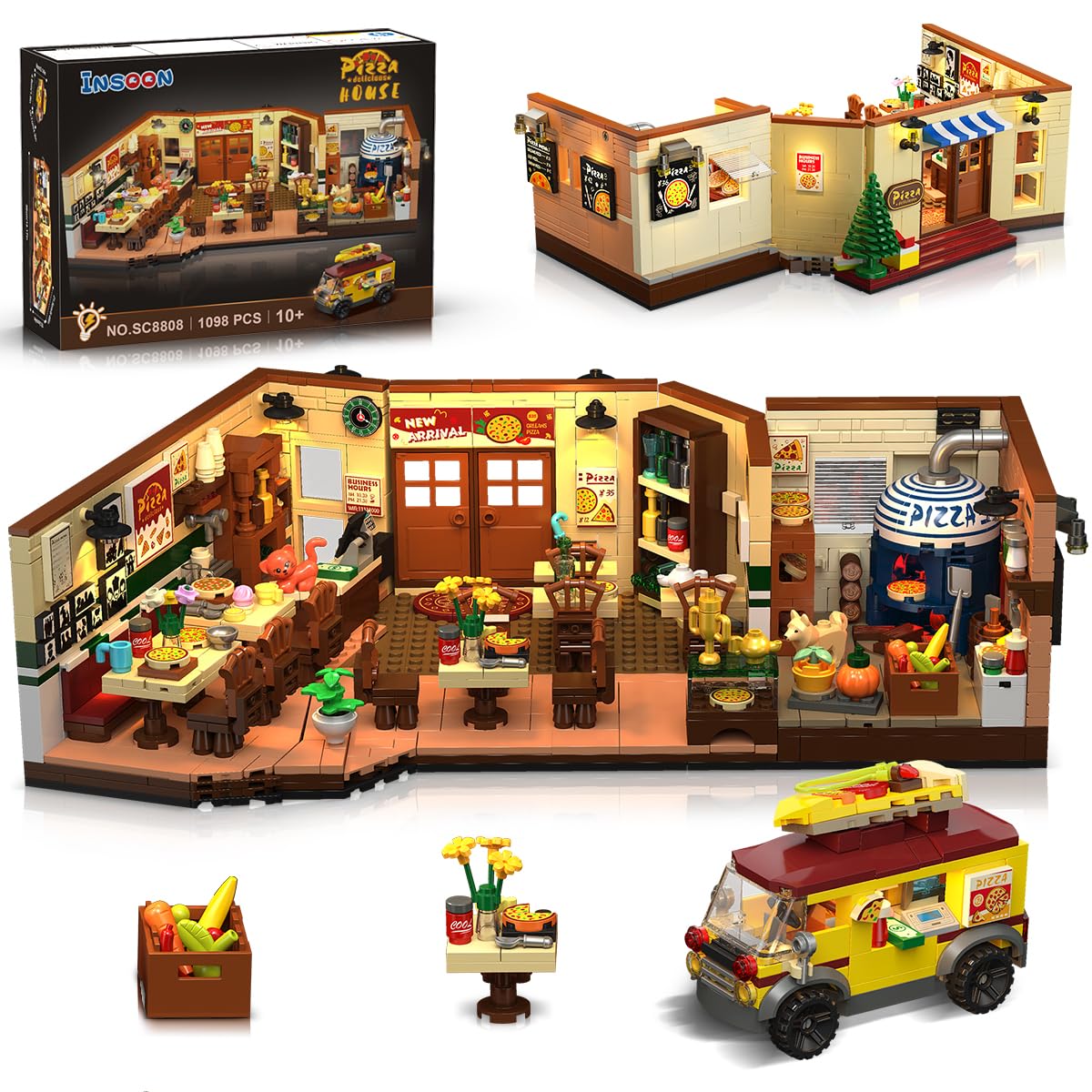 INSOON City Street Pizza Restaurant Building Set with Light - 1098 PCS