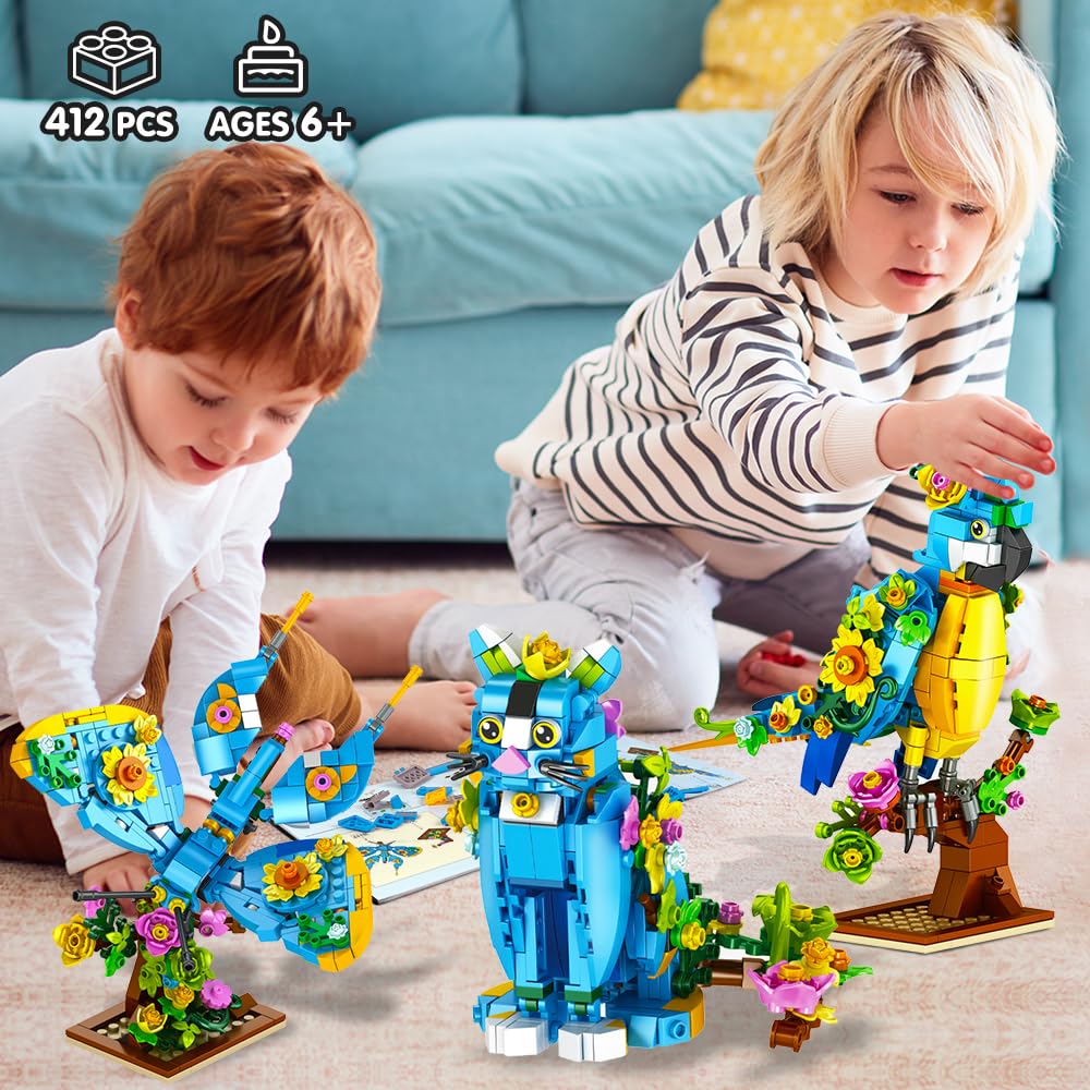 INSOON 3 in 1 Flower Animal Building Set — Parrot, Butterfly & Kitten (412 pcs)