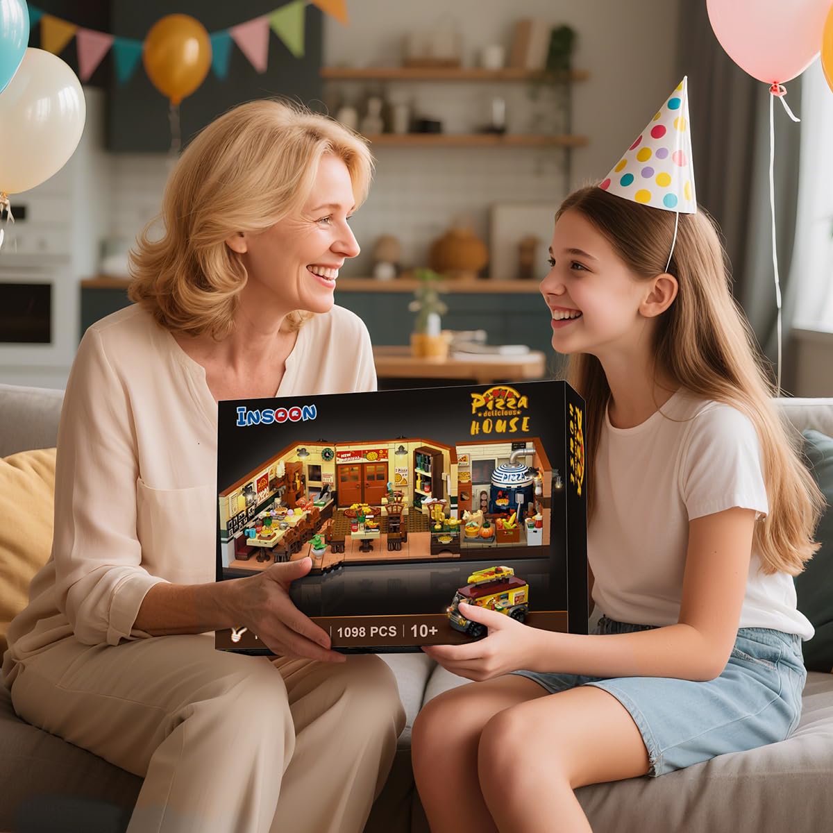 INSOON City Street Pizza Restaurant Building Set with Light - 1098 PCS