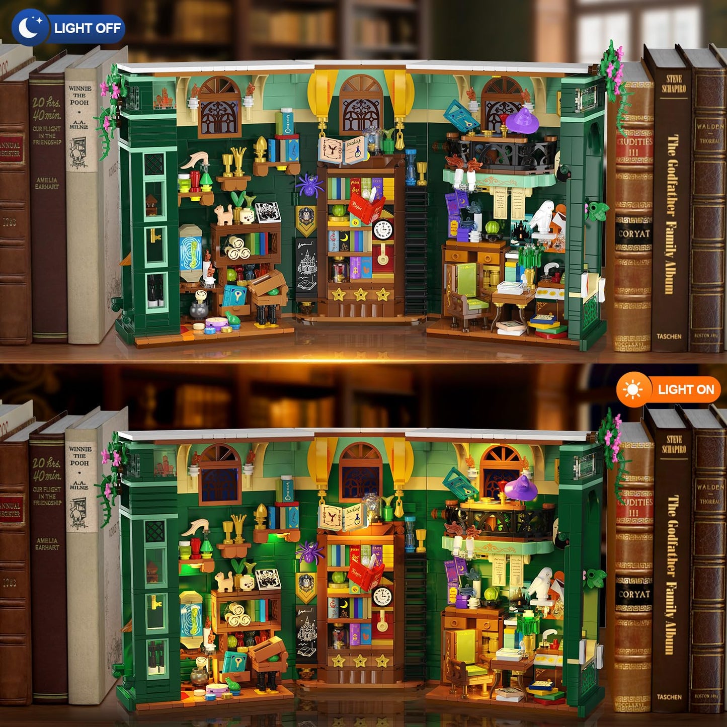 INSOON Magic Owl Station Booknook Building Set with Lights – 1239 PCS DIY Bookend Shelf Decor