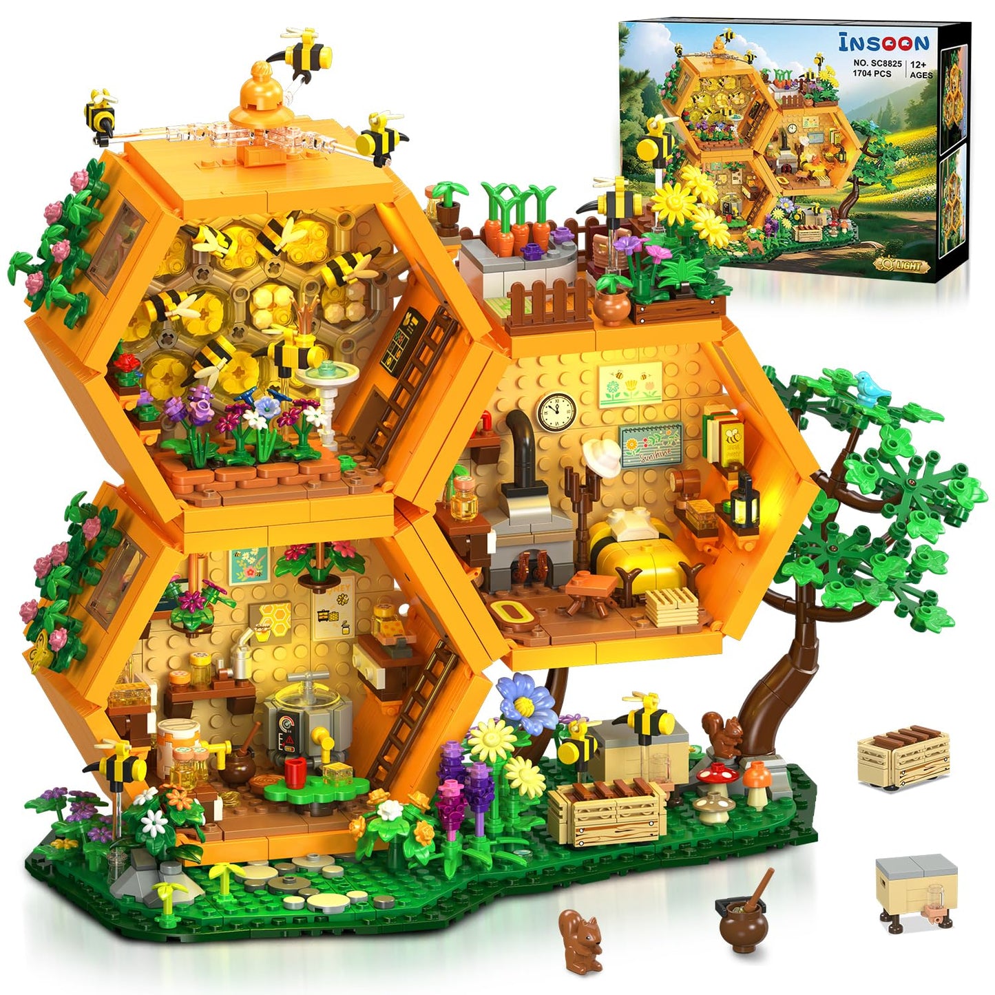 INSOON Farm Bee House Building Set with Lights – 1704-Piece Beehive Model