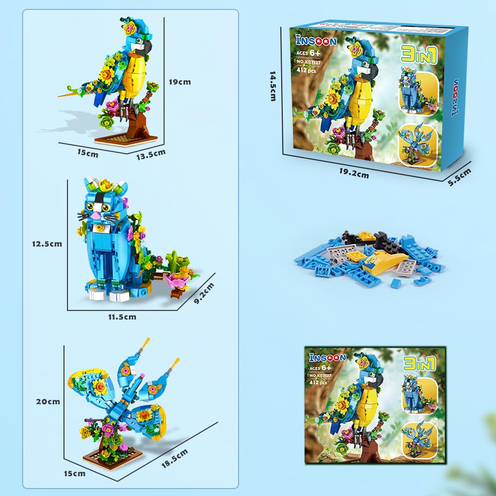 INSOON 3 in 1 Flower Animal Building Set — Parrot, Butterfly & Kitten (412 pcs)