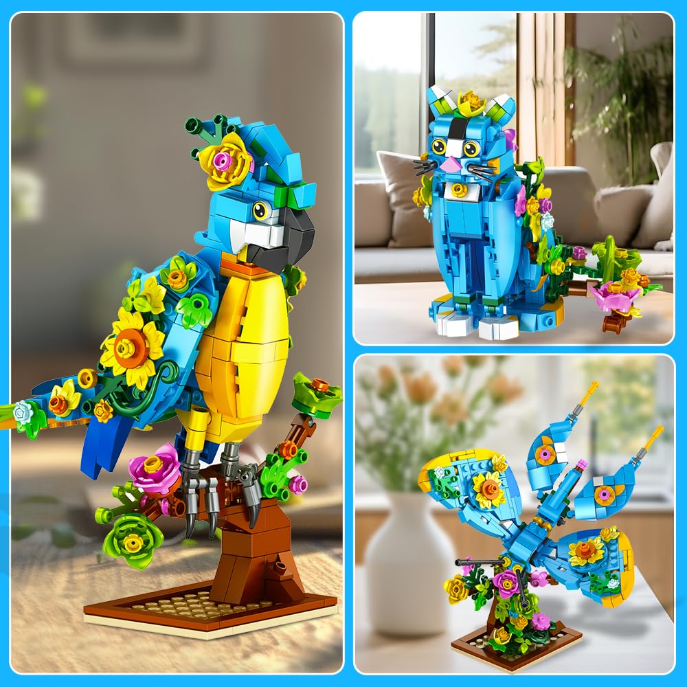 INSOON 3 in 1 Flower Animal Building Set — Parrot, Butterfly & Kitten (412 pcs)