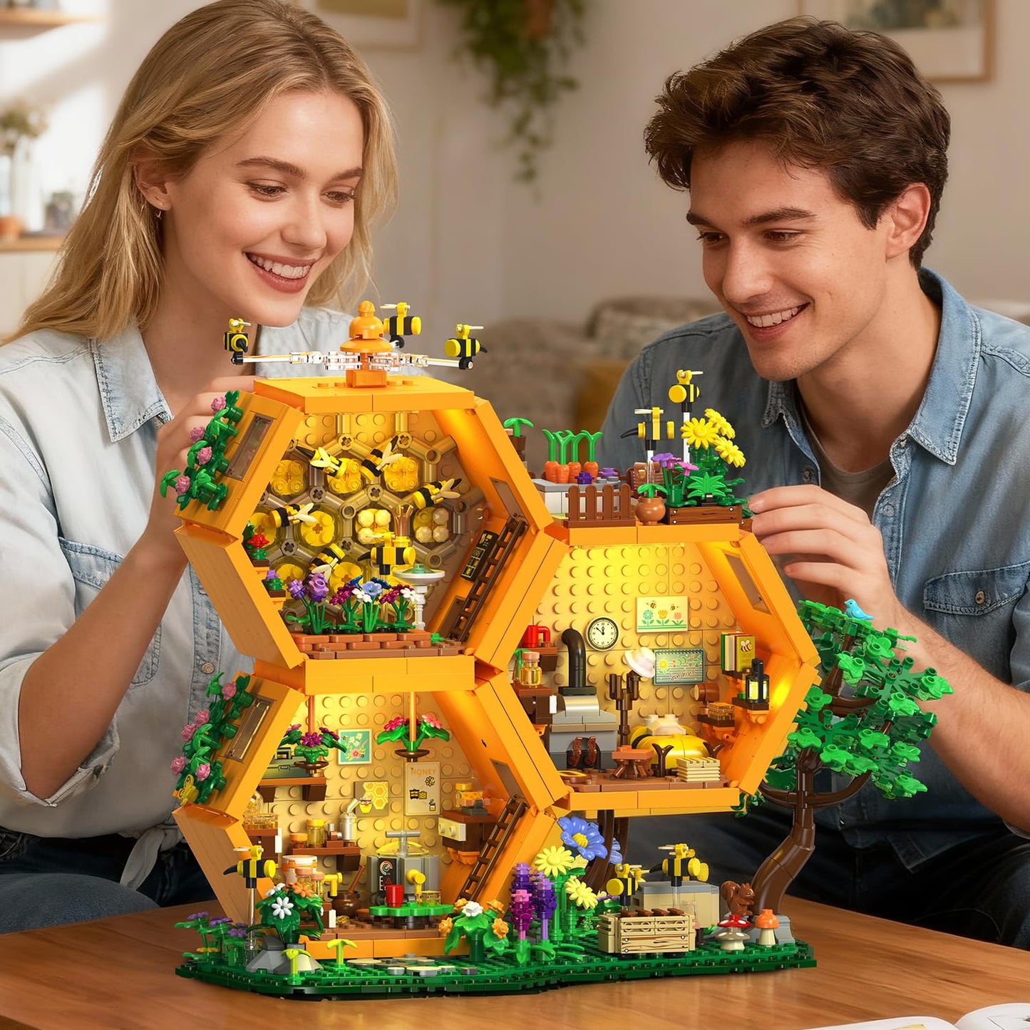 INSOON Farm Bee House Building Set with Lights – 1704-Piece Beehive Model