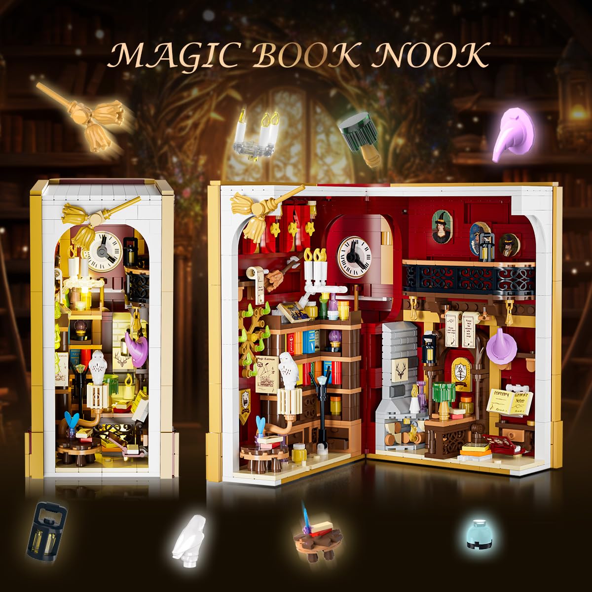 INSOON Magic Booknook Building Set with LED Light — 1015-Piece Miniature Bookend Kit