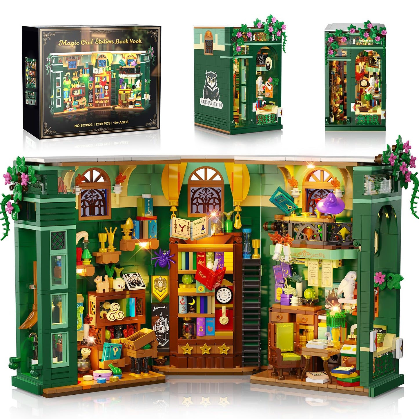 INSOON Magic Owl Station Booknook Building Set with Lights – 1239 PCS DIY Bookend Shelf Decor
