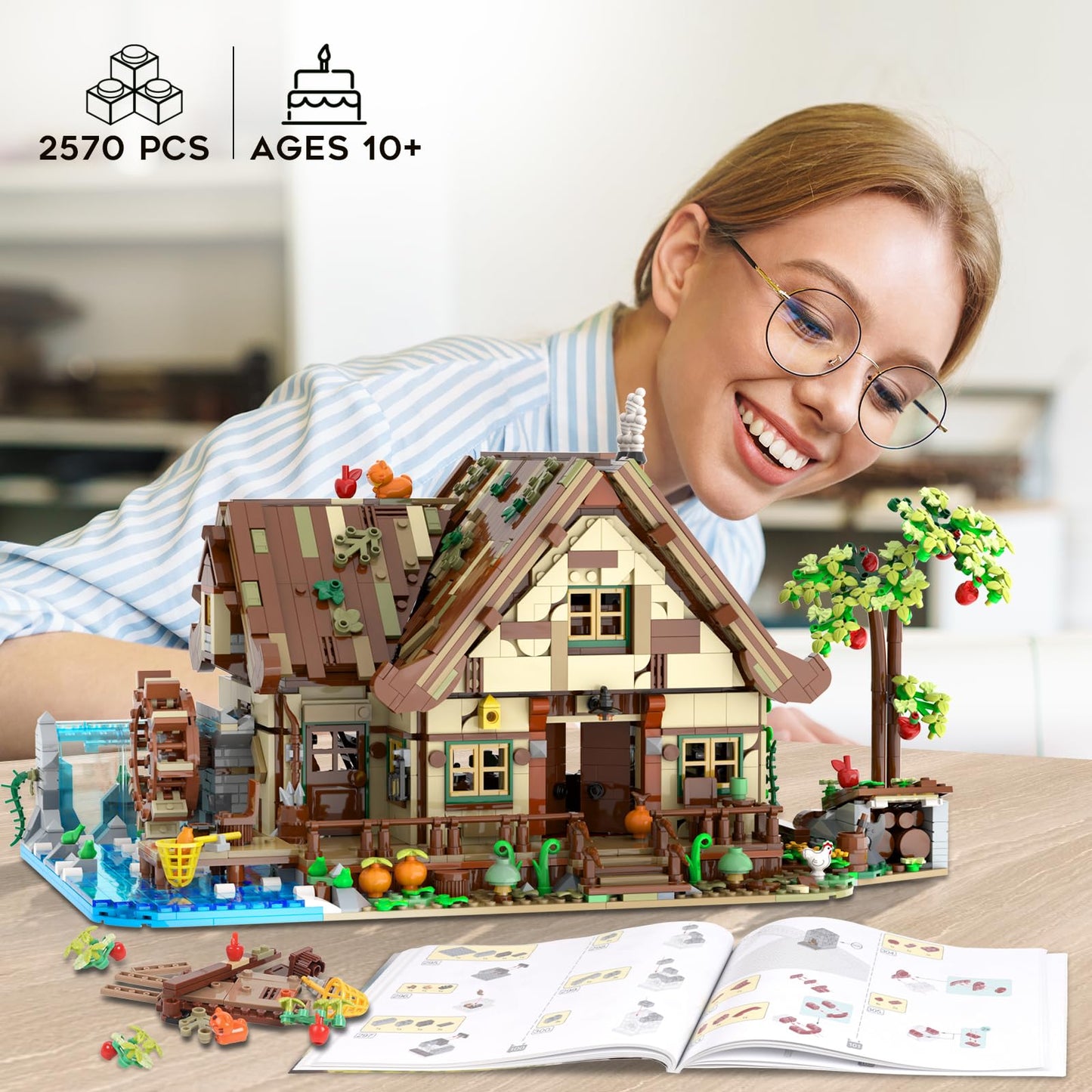 INSOON Wood Cabin Building Set with Light — 2570 PCS Forest House Kit with Waterwheel Pond