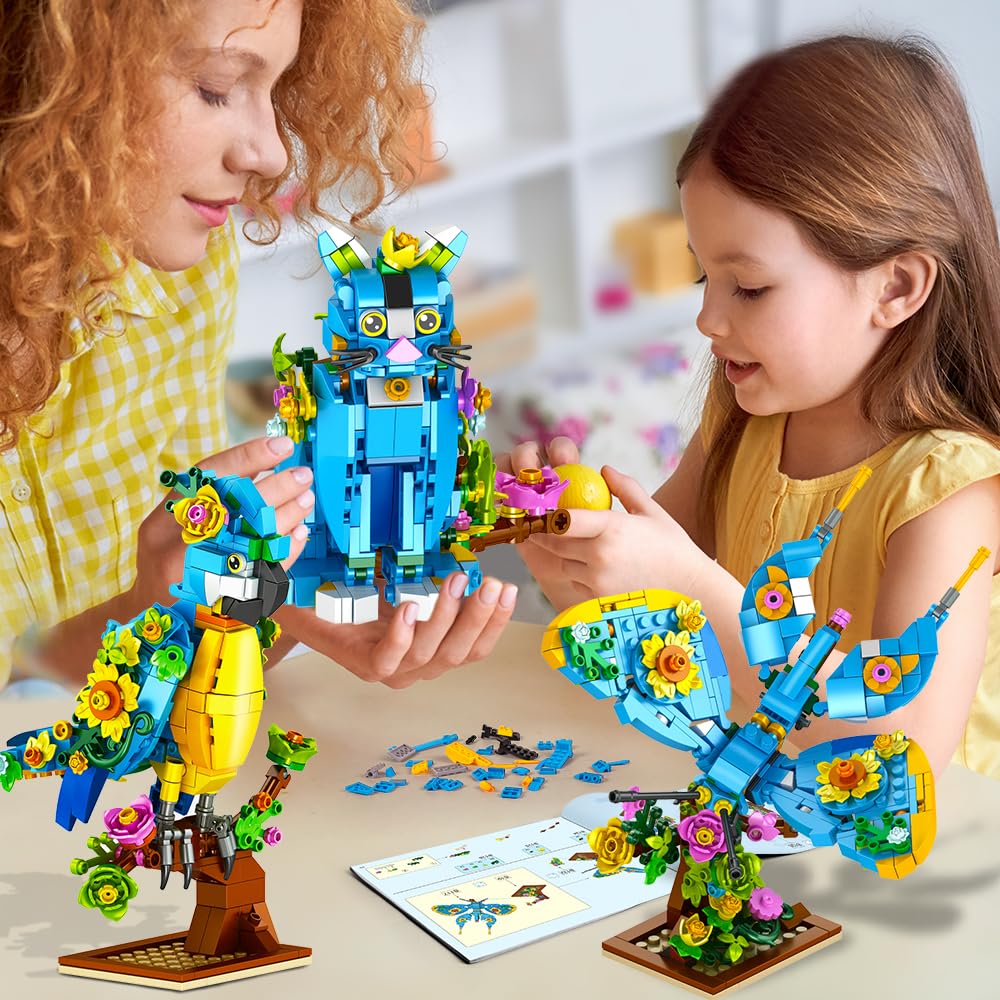 INSOON 3 in 1 Flower Animal Building Set — Parrot, Butterfly & Kitten (412 pcs)