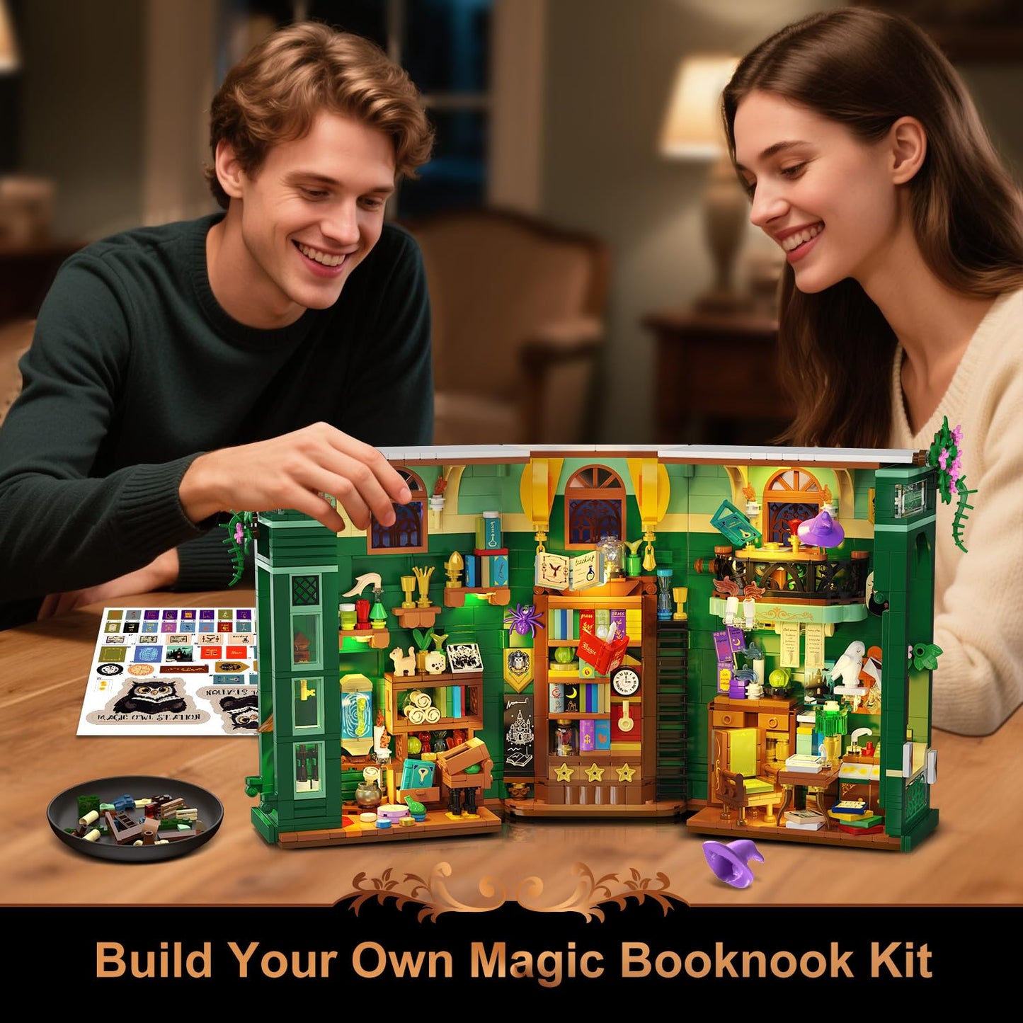 INSOON Magic Owl Station Booknook Building Set with Lights – 1239 PCS DIY Bookend Shelf Decor