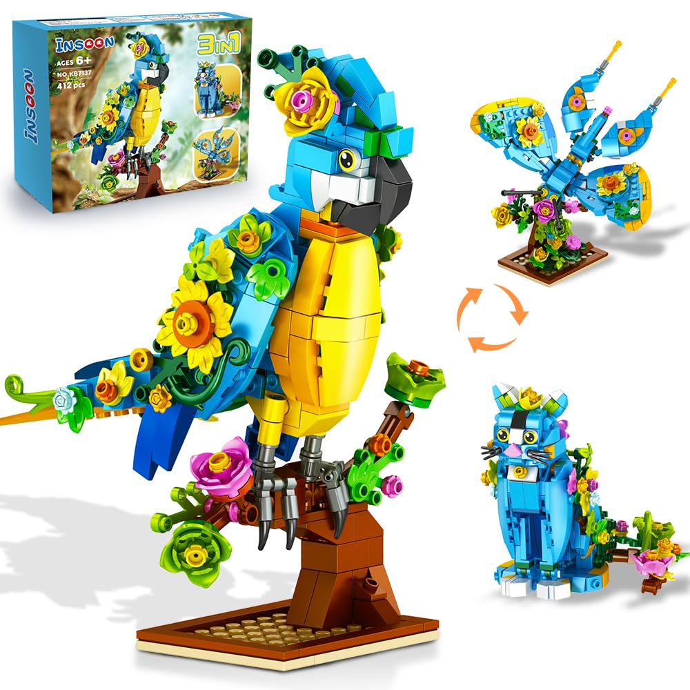 INSOON 3 in 1 Flower Animal Building Set — Parrot, Butterfly & Kitten (412 pcs)