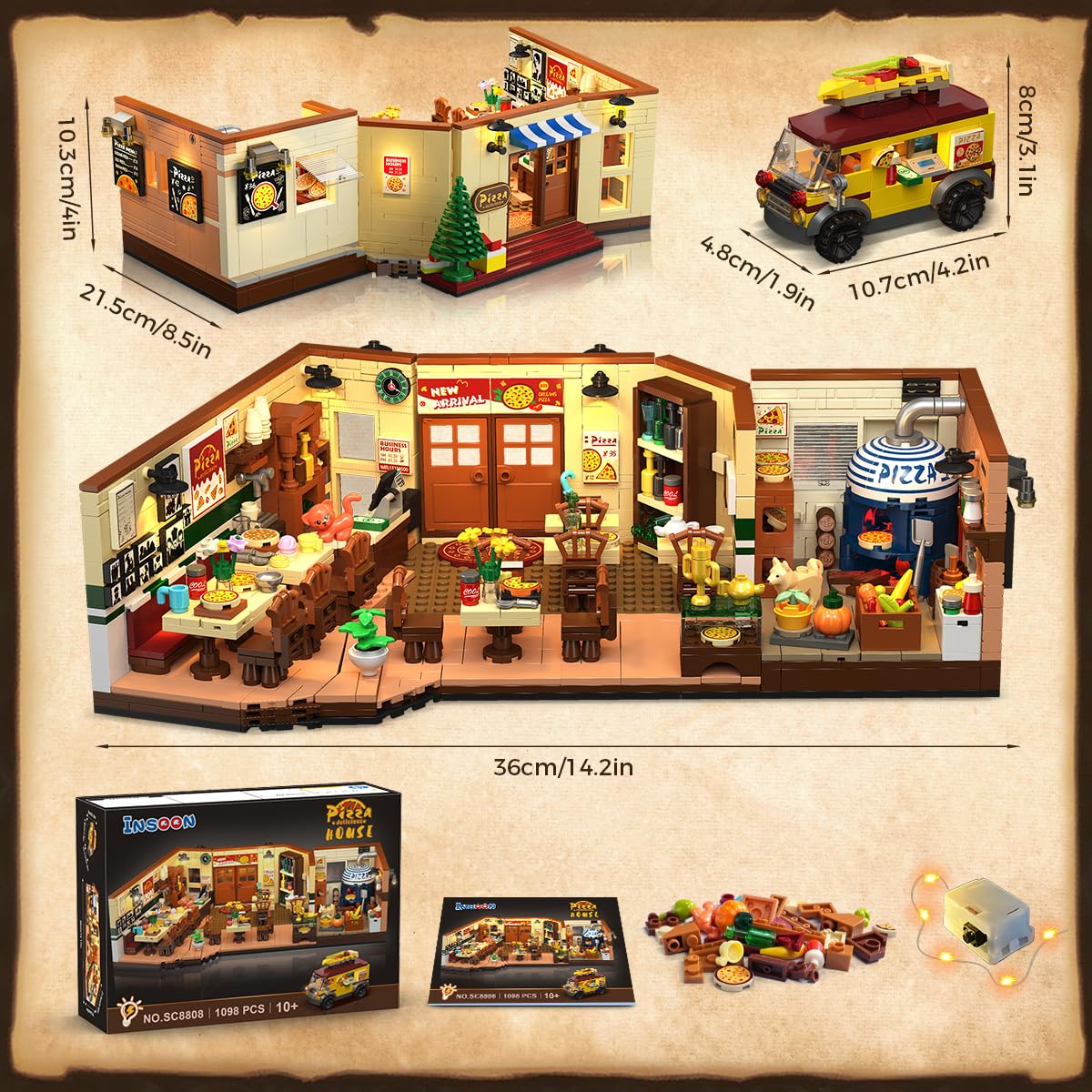 INSOON City Street Pizza Restaurant Building Set with Light - 1098 PCS
