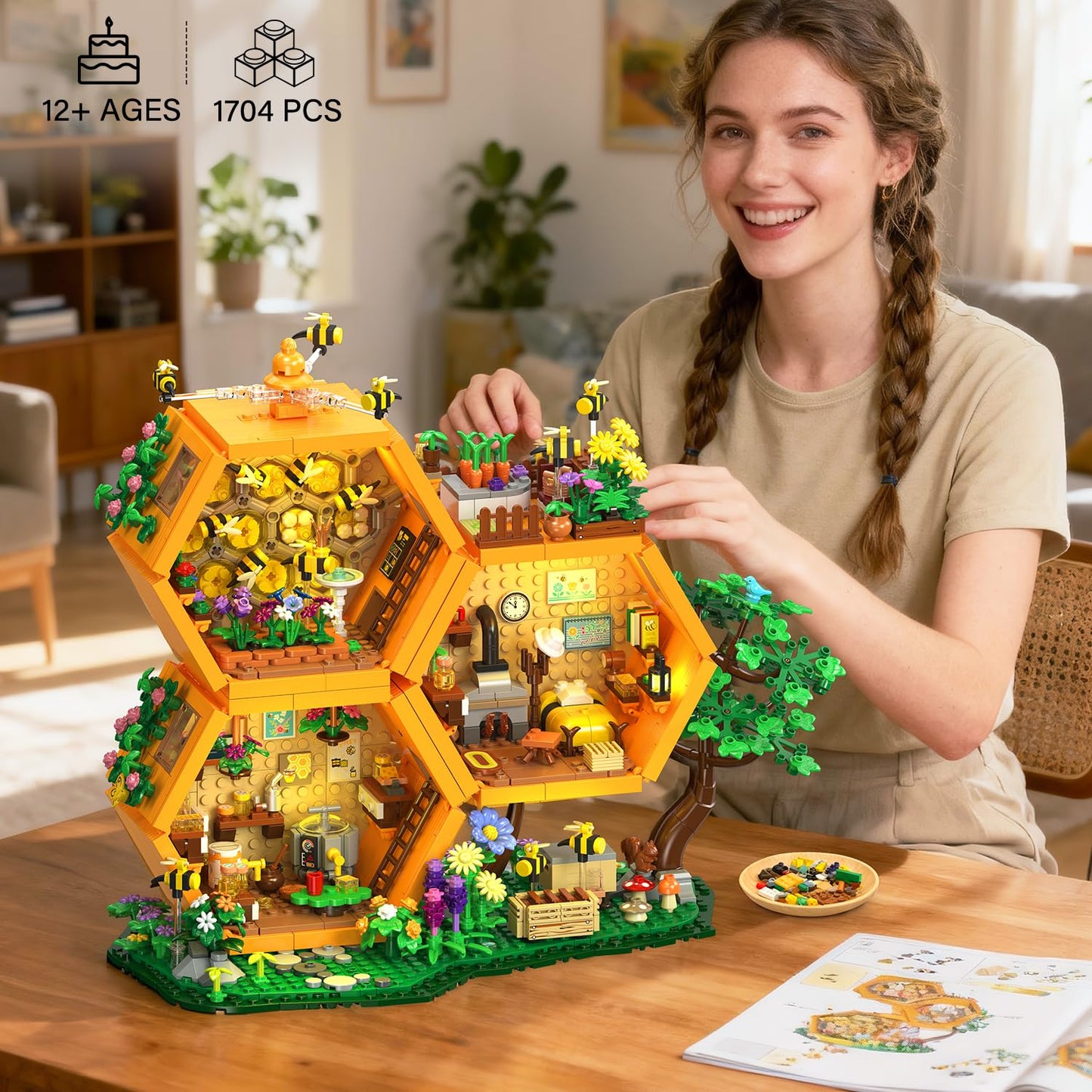 INSOON Farm Bee House Building Set with Lights – 1704-Piece Beehive Model