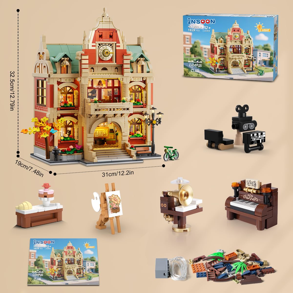 INSOON University Club House Building Set with Light — 1629-Piece City Campus Architecture Model