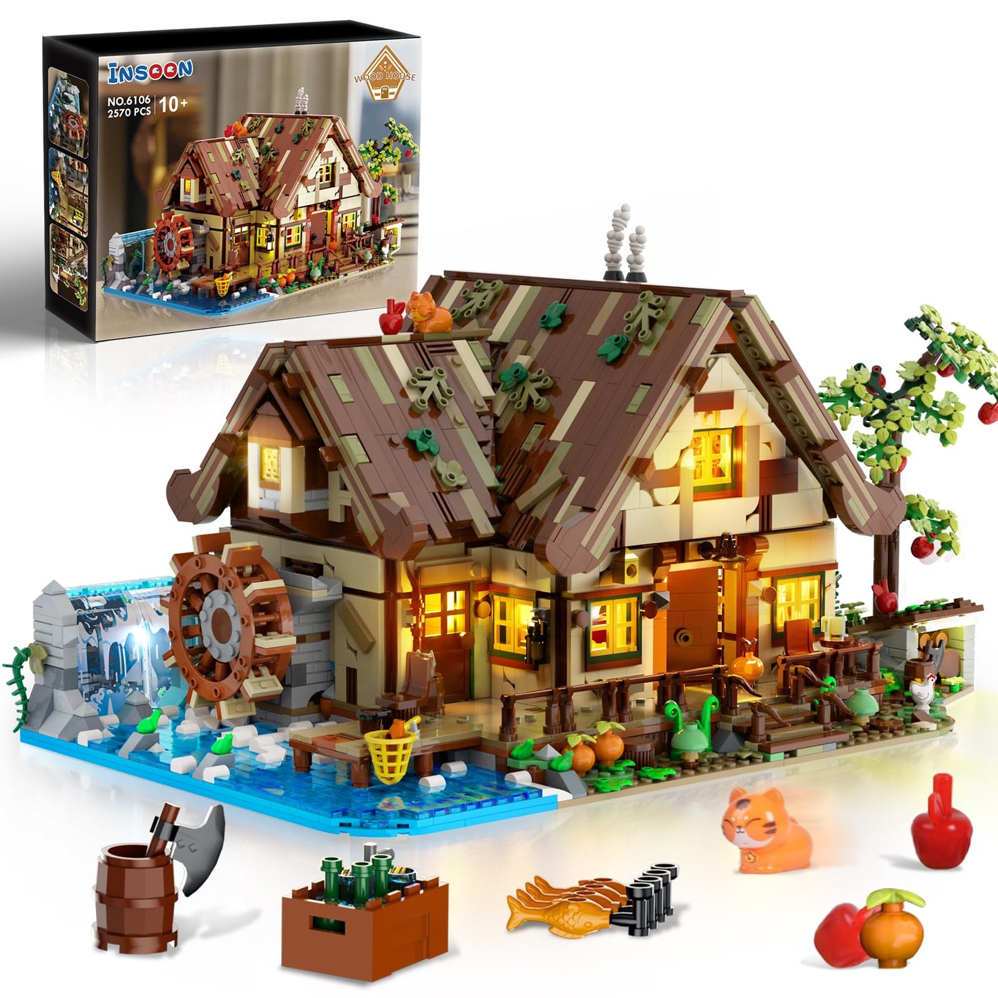 INSOON Wood Cabin Building Set with Light — 2570 PCS Forest House Kit with Waterwheel Pond