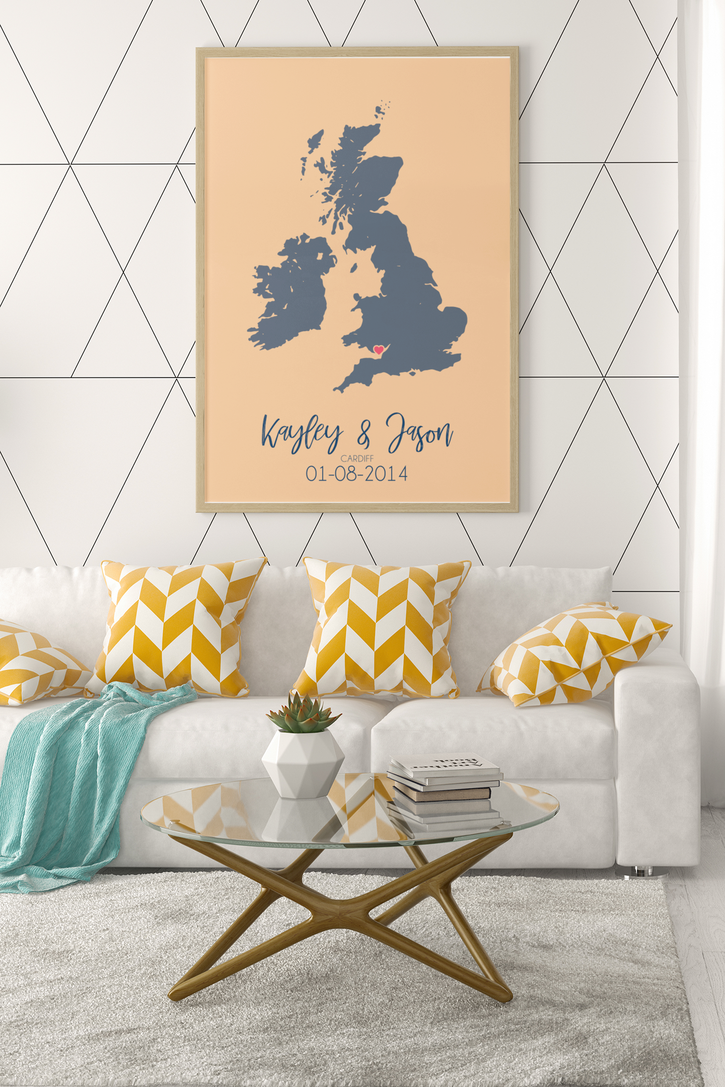 Couples United Kingdom Map with Special Dates & Heart Personalised Wall Decor Print with 10 New Styles