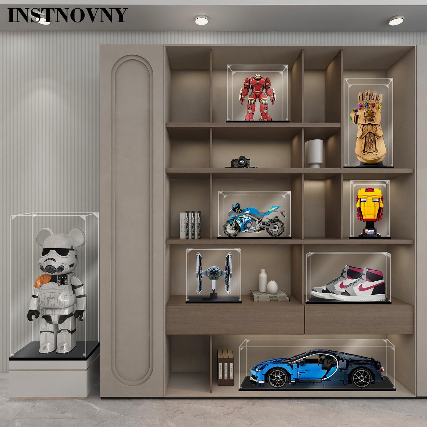 Instnovny Innovny Acrylic Display Case for Collectibles & Lego – Clear Dustproof Case, 13.8x9.8x5.9 in (Black)