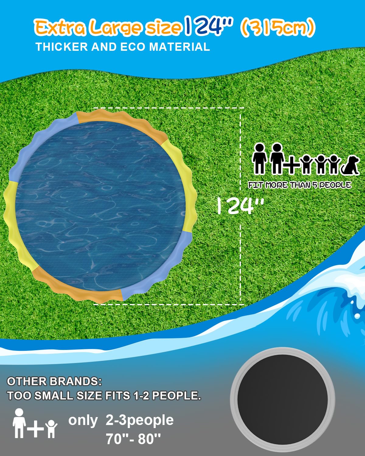 Instraella 124-inch Large Splash Pad for Dogs & Kids – 10.3ft Non-Slip Sprinkler Mat, Foldable Outdoor Water Toy