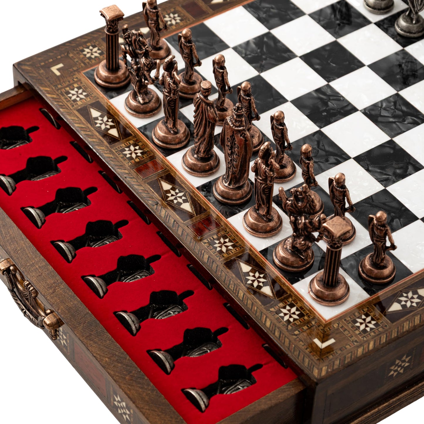 INTERIART 15'' Handmade Wooden Chess Set with British Army Metal Pieces – Luxury Storage Board