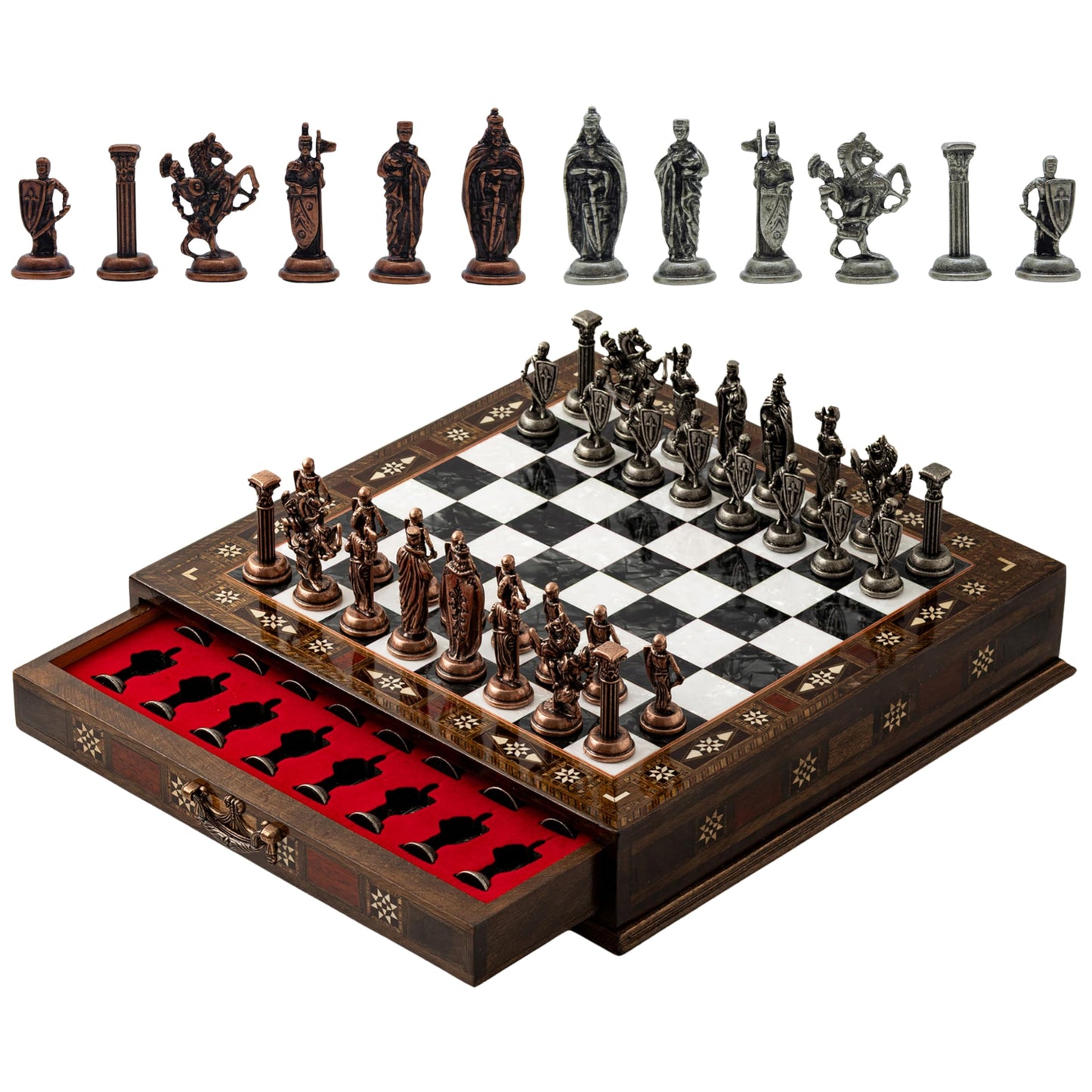 INTERIART 15'' Handmade Wooden Chess Set with British Army Metal Pieces – Luxury Storage Board