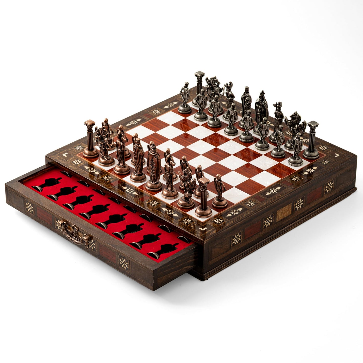 INTERIART Luxury Walnut Chess Set with Metal British Army Pieces – Handmade Board with Storage (Rose)