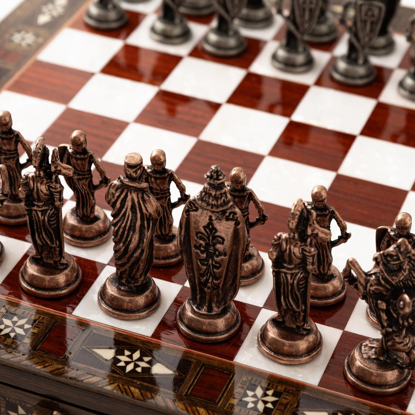 INTERIART Luxury Walnut Chess Set with Metal British Army Pieces – Handmade Board with Storage (Rose)