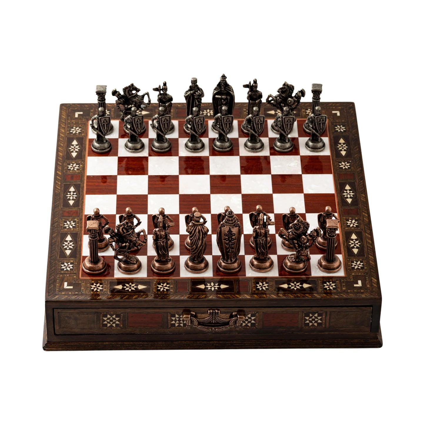 INTERIART Luxury Walnut Chess Set with Metal British Army Pieces – Handmade Board with Storage (Rose)