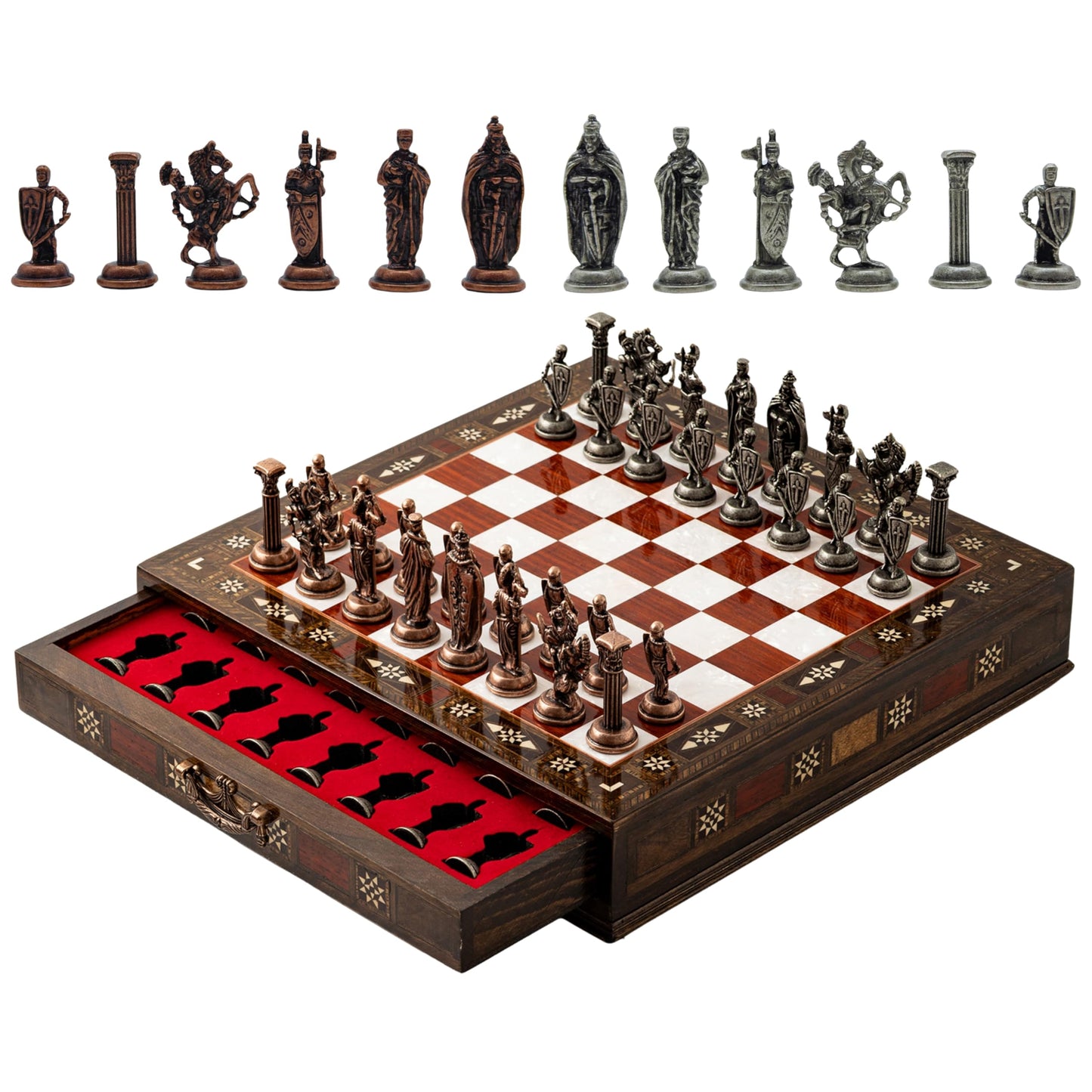 INTERIART Luxury Walnut Chess Set with Metal British Army Pieces – Handmade Board with Storage (Rose)