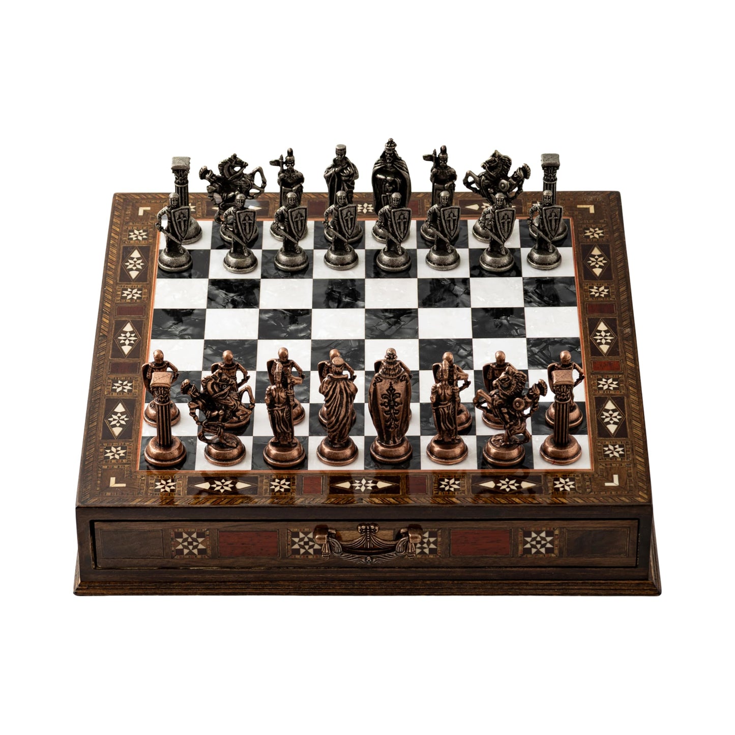 INTERIART 15'' Handmade Wooden Chess Set with British Army Metal Pieces – Luxury Storage Board