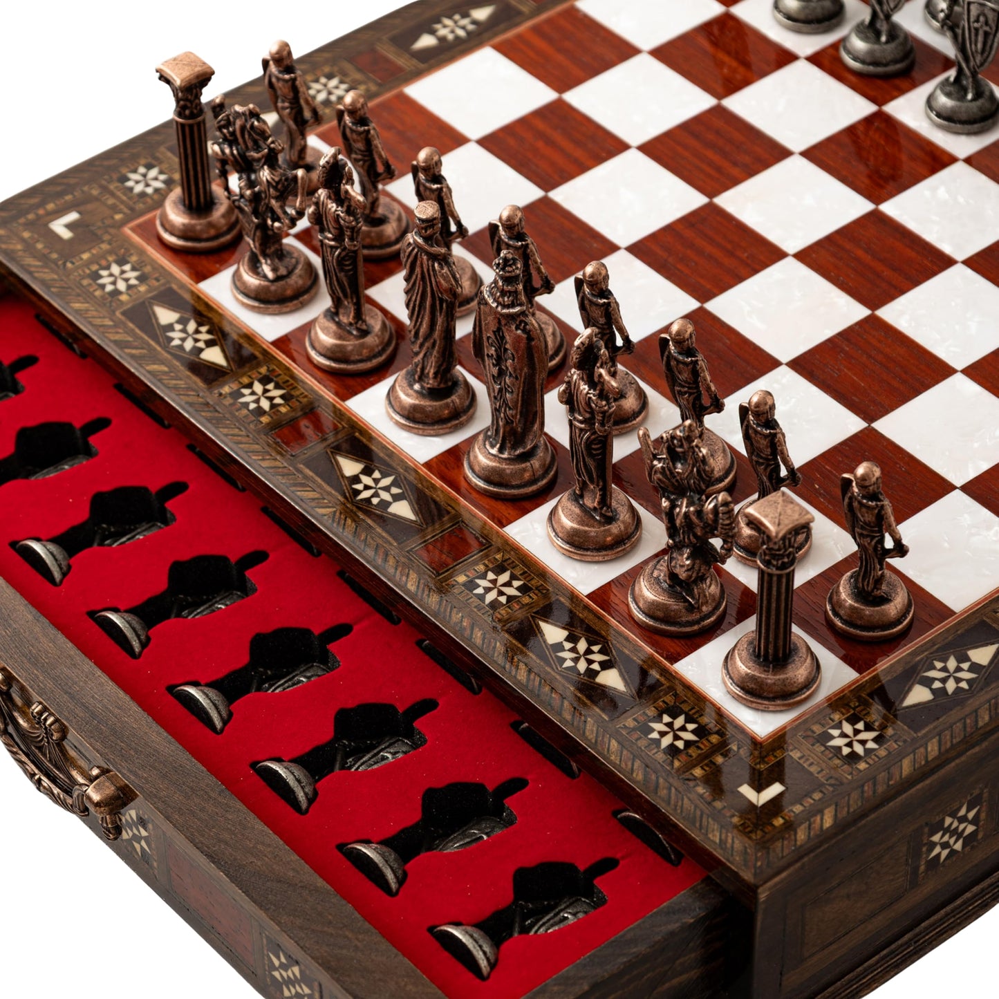 INTERIART Luxury Walnut Chess Set with Metal British Army Pieces – Handmade Board with Storage (Rose)
