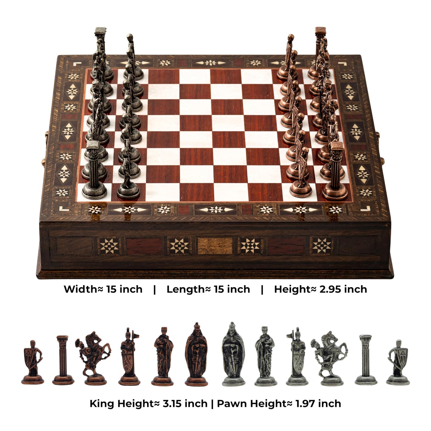 INTERIART Luxury Walnut Chess Set with Metal British Army Pieces – Handmade Board with Storage (Rose)